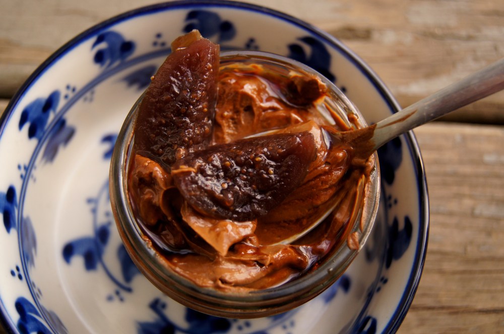 chocolate-avocado mousse with brandied figs and pomegranate molasses
