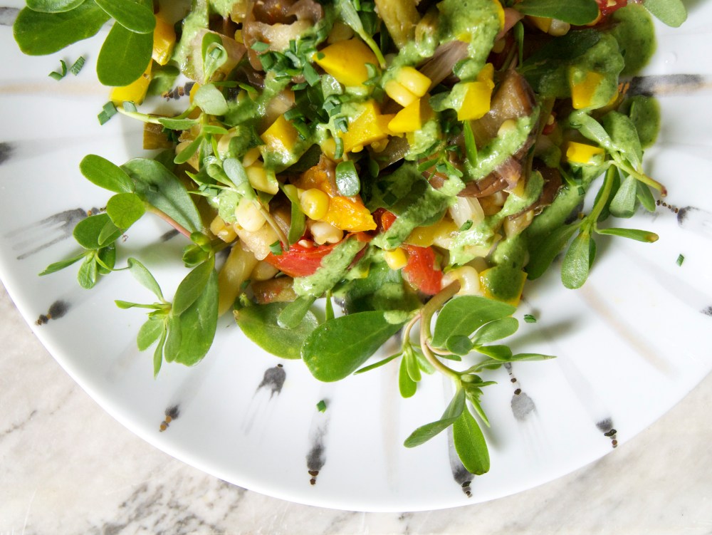 Summer Succotash with Purslane and Sorrel-Yogurt Sauce