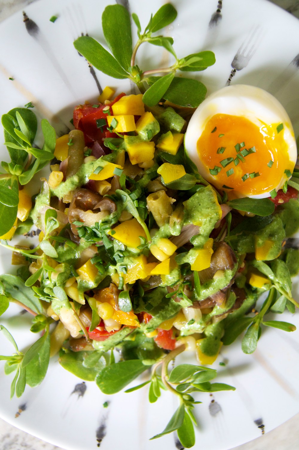 Summer Succotash with Purslane and Sorrel-Yogurt Sauce
