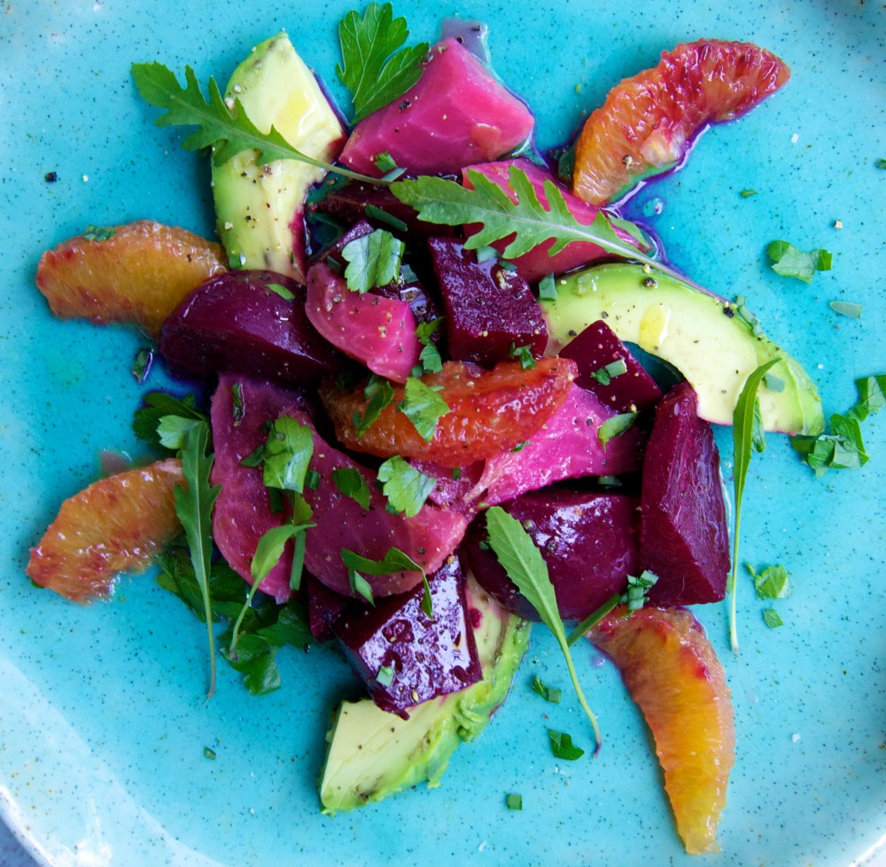 avocado, blood orange, and beet salad