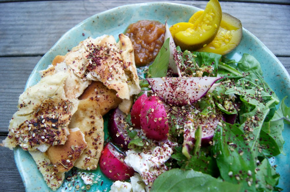 yogurt & goat's feta with radishes, castelvetrano olives, herbs & za'atar