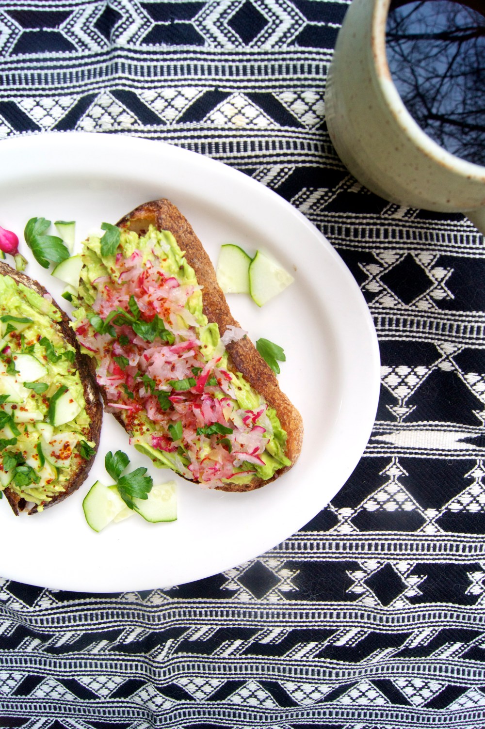 avocado toast with radish, cucumber, and preserved lemon