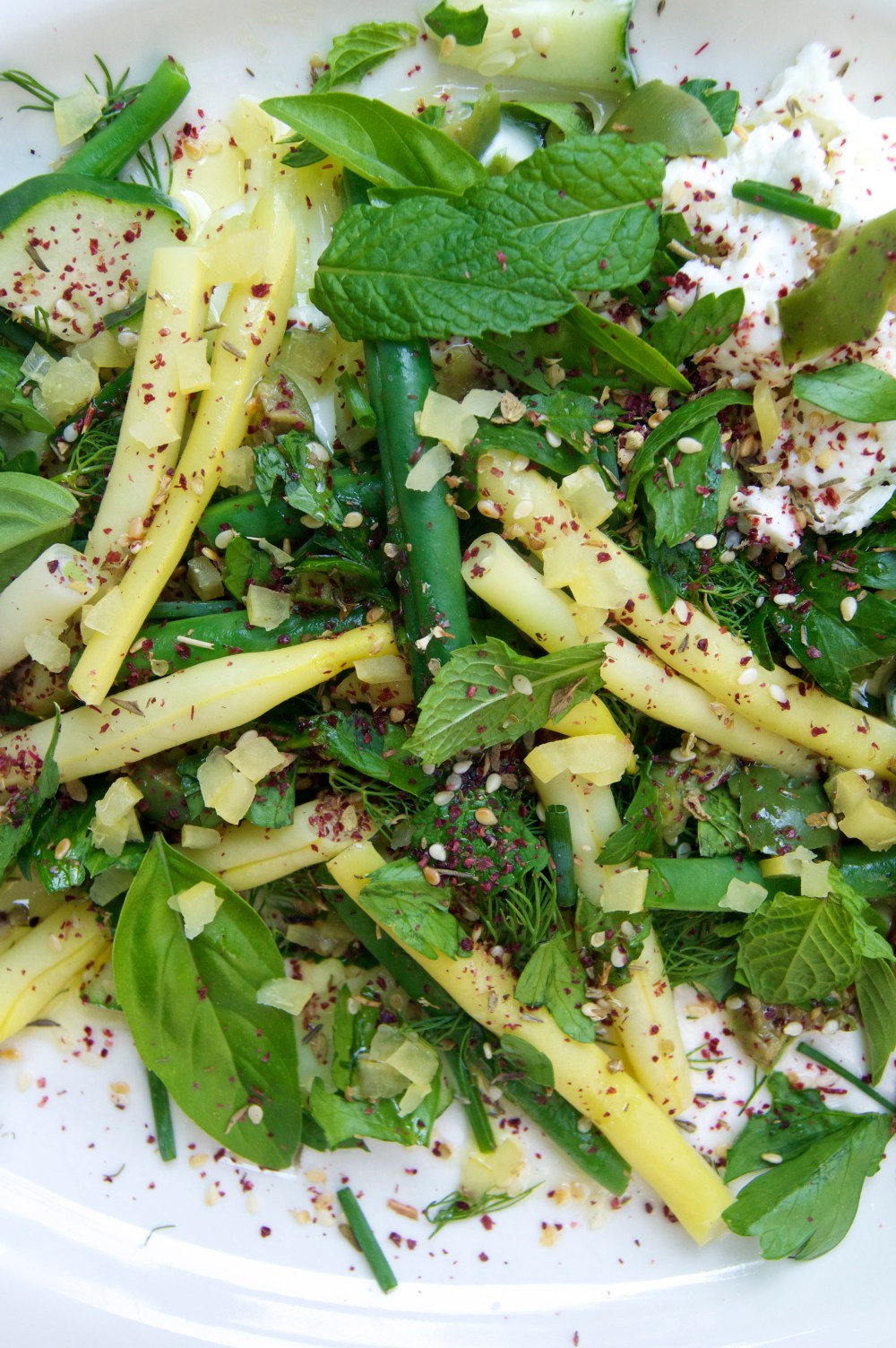 yogurt & goat's feta with green beans, cucumber, herbs & za'atar