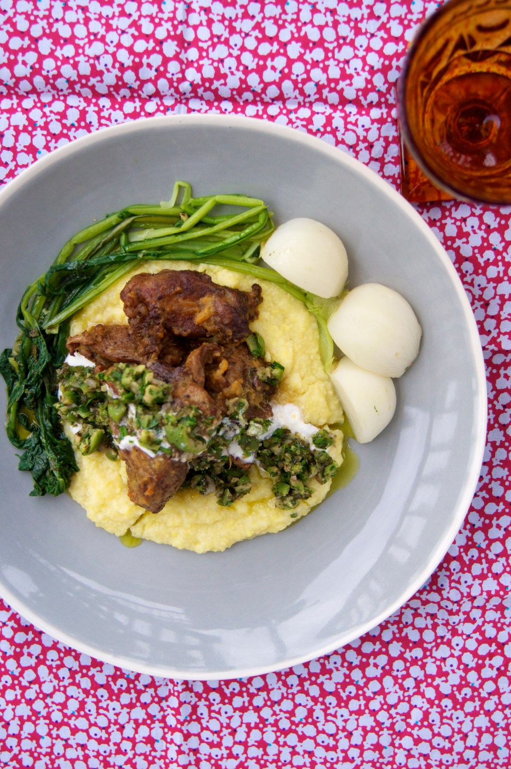 Braised Pork with Polenta, Turnips, and Green Olive Relish