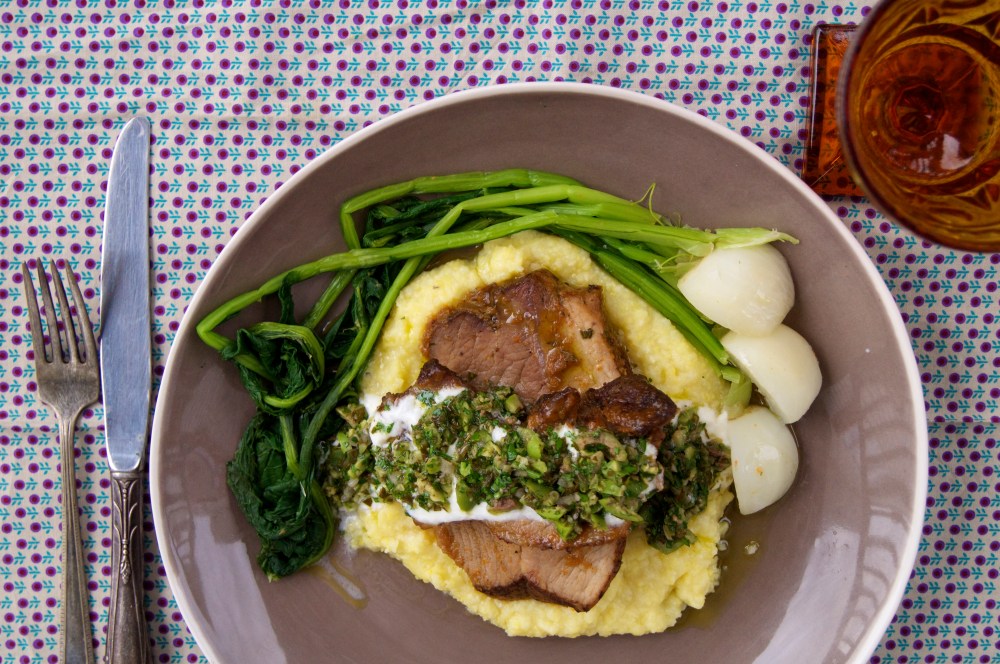 Braised Pork with Polenta, Turnips, and Green Olive Relish