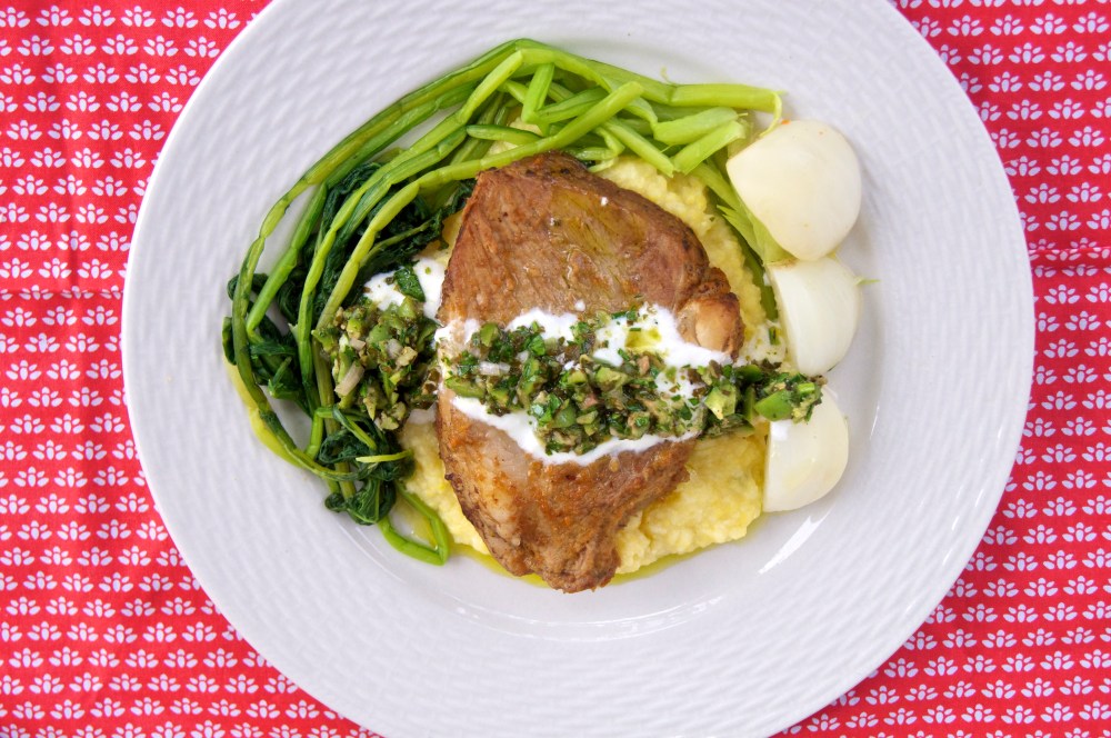 Braised Pork with Polenta, Turnips, and Green Olive Relish
