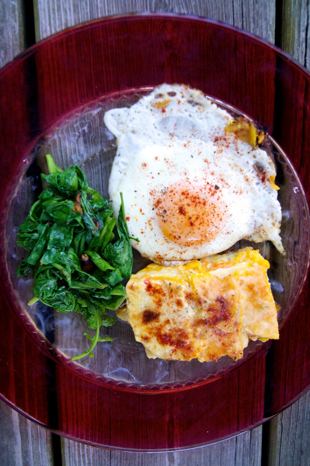 butternut squash and celery root gratin with rocket and a fried egg
