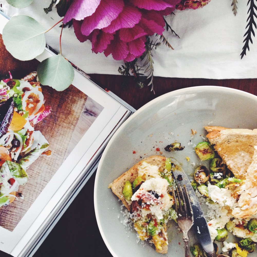 fried egg, brussels sprout, anchovy toast