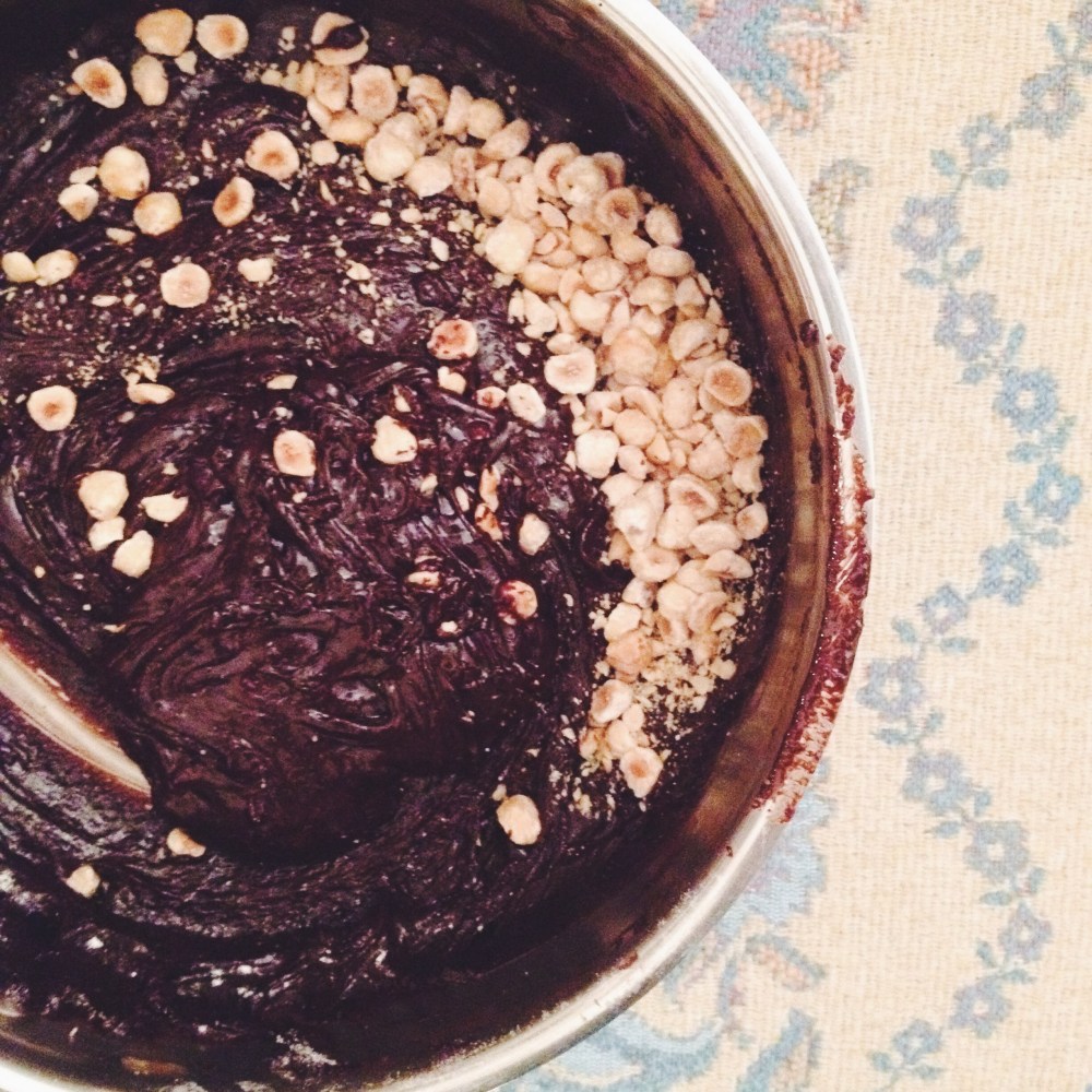 making hazelnut brownies with smoked sea salt